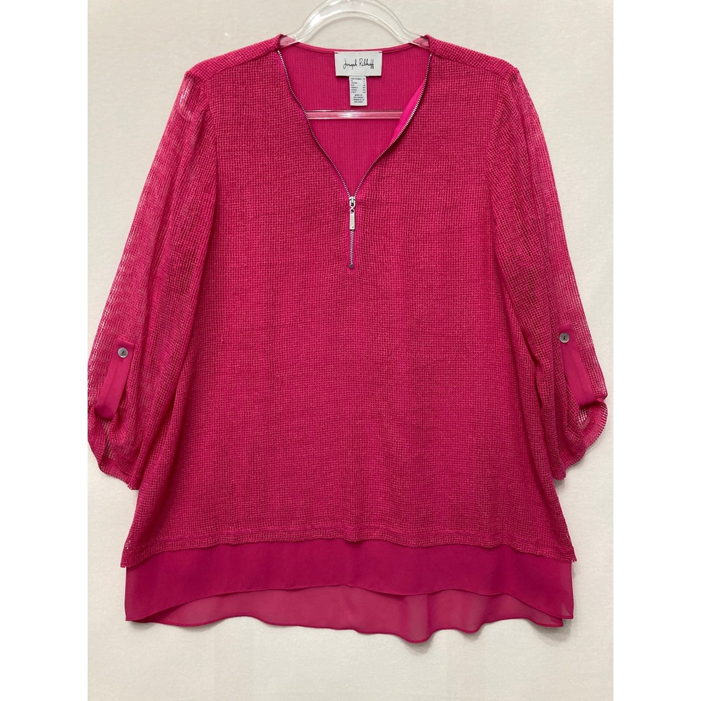 Joseph Ribkoff Top size 10 Pink Mesh Layered Roll Tab Sleeve Quarter Zip Stretch